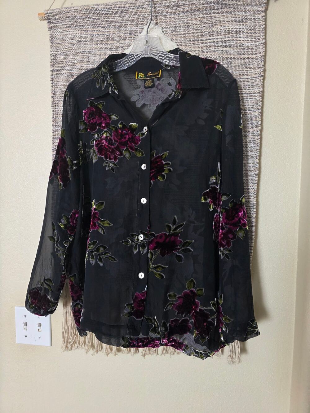 Mirasol Women’s Medium Floral Burnout Silk Rayon Blouse Whimsygoth Button Front